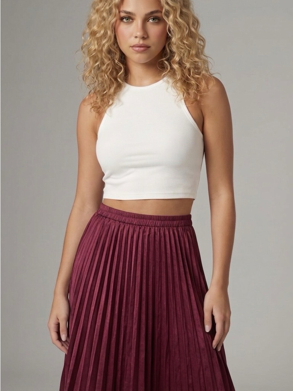 JohnPaulRichard Wine Pleated Midi Skirt